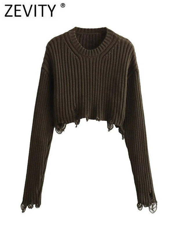 Zevity 2023 Sieviešu modes šķelto caurumu rotājumi Īsa stila adīšana Sieviešu džemperis ar garām piedurknēm Crop Puloveri Mētelis SW5266