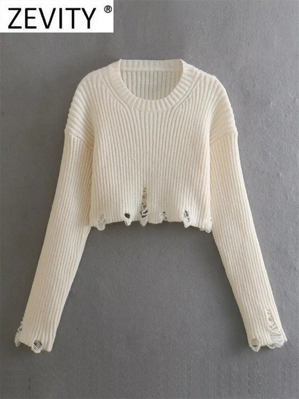 Zevity 2023 Sieviešu modes šķelto caurumu rotājumi Īsa stila adīšana Sieviešu džemperis ar garām piedurknēm Crop Puloveri Mētelis SW5266