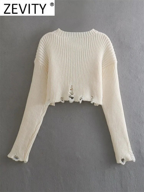 Zevity 2023 Sieviešu modes šķelto caurumu rotājumi Īsa stila adīšana Sieviešu džemperis ar garām piedurknēm Crop Puloveri Mētelis SW5266