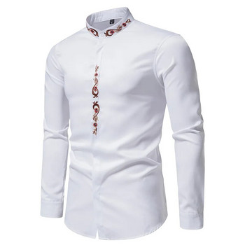 Мъжка пролетна есенна риза Social Henley Dress Shirt Модна риза с дълги ръкави, официални топове с бродерия Ежедневно облекло camisa masculina