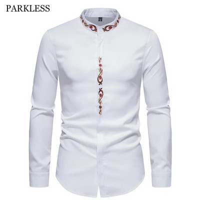 Мъжка пролетна есенна риза Social Henley Dress Shirt Модна риза с дълги ръкави, официални топове с бродерия Ежедневно облекло camisa masculina