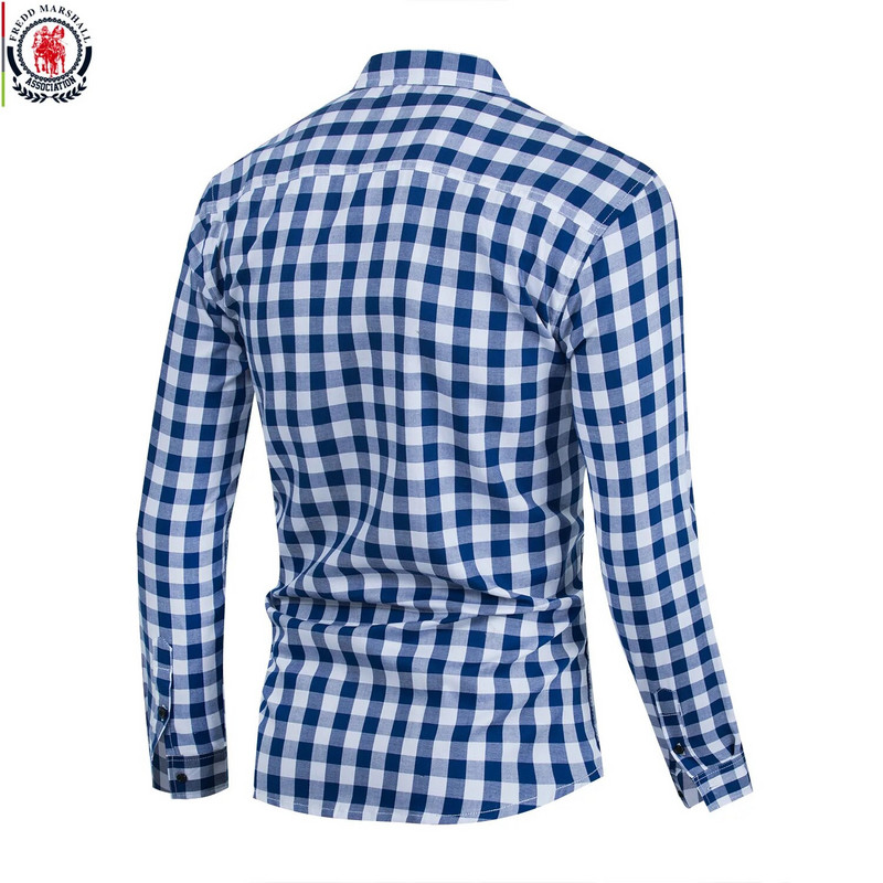 FREDD MARSHALL 2023 Jauns modes rūtains kleitas krekls ar garām piedurknēm Vīriešu šauri pieguļošs, pogāms ikdienas biznesa sabiedriskais rūtainais krekls 275