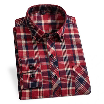 Зимни мъжки карирани ежедневни ризи Памучни топли фланелени дълъг ръкав с преден джоб Модни дрехи Бизнесмен Ежедневни ризи Easycare