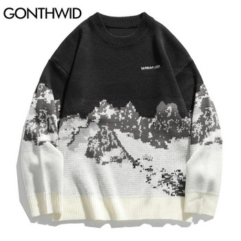 GONTHWID Snow Mountain Knitted Jumper Sweaters Streetwear Мъжки хип-хоп Harajuku Pullover Трикотаж Горнища Модни горни дрехи Мъжки