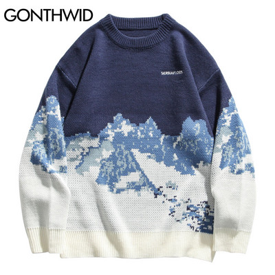 GONTHWID Snow Mountain trikotāžas džemperi Džemperi Ielu apģērbi Vīriešu Hip Hop Harajuku Pulovers Trikotāžas Topi Modes Apģērbi Vīriešu
