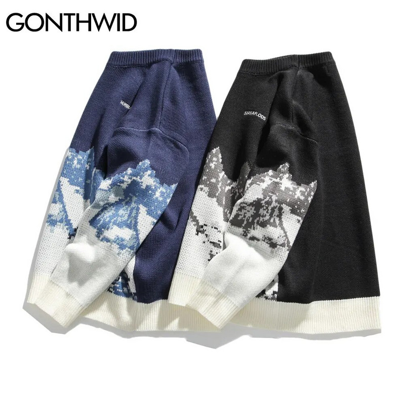 GONTHWID Snow Mountain trikotāžas džemperi Džemperi Ielu apģērbi Vīriešu Hip Hop Harajuku Pulovers Trikotāžas Topi Modes Apģērbi Vīriešu