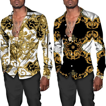 Висок клас луксозни златисти шарки 3D отпечатани ризи с копчета с къси/пълни ръкави за мъже Уличен стил Модни топове Хип-хоп тоалети
