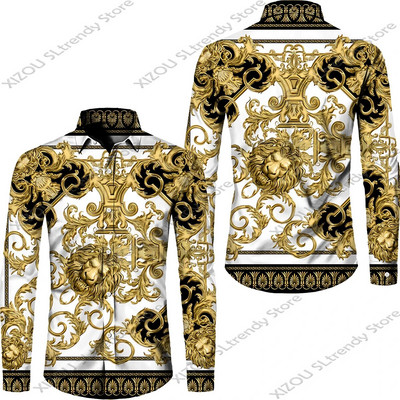 Csúcskategóriás luxus arany mintás 3D nyomtatott rövid/teljes ujjú gombos férfi ingek Utcai stílusú Divatos felsők Hip Hop ruhák