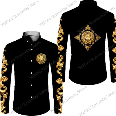 Csúcskategóriás luxus arany mintás 3D nyomtatott rövid/teljes ujjú gombos férfi ingek Utcai stílusú Divatos felsők Hip Hop ruhák