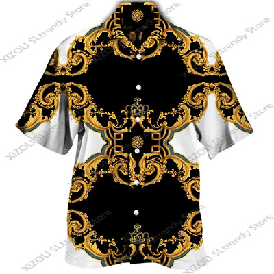 Csúcskategóriás luxus arany mintás 3D nyomtatott rövid/teljes ujjú gombos férfi ingek Utcai stílusú Divatos felsők Hip Hop ruhák