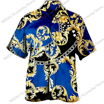 Csúcskategóriás luxus arany mintás 3D nyomtatott rövid/teljes ujjú gombos férfi ingek Utcai stílusú Divatos felsők Hip Hop ruhák