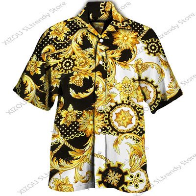 Csúcskategóriás luxus arany mintás 3D nyomtatott rövid/teljes ujjú gombos férfi ingek Utcai stílusú Divatos felsők Hip Hop ruhák