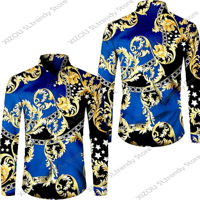 Csúcskategóriás luxus arany mintás 3D nyomtatott rövid/teljes ujjú gombos férfi ingek Utcai stílusú Divatos felsők Hip Hop ruhák