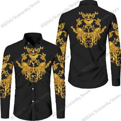 Csúcskategóriás luxus arany mintás 3D nyomtatott rövid/teljes ujjú gombos férfi ingek Utcai stílusú Divatos felsők Hip Hop ruhák