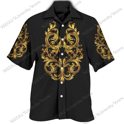 Csúcskategóriás luxus arany mintás 3D nyomtatott rövid/teljes ujjú gombos férfi ingek Utcai stílusú Divatos felsők Hip Hop ruhák