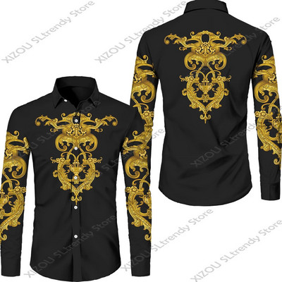 Csúcskategóriás luxus arany mintás 3D nyomtatott rövid/teljes ujjú gombos férfi ingek Utcai stílusú Divatos felsők Hip Hop ruhák