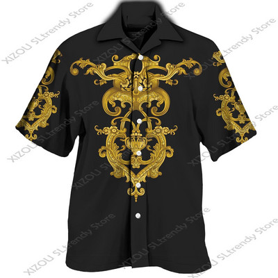 Csúcskategóriás luxus arany mintás 3D nyomtatott rövid/teljes ujjú gombos férfi ingek Utcai stílusú Divatos felsők Hip Hop ruhák