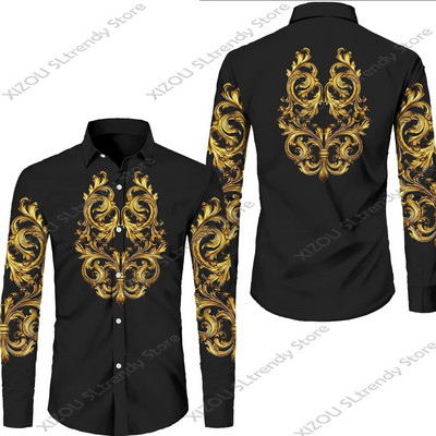 Csúcskategóriás luxus arany mintás 3D nyomtatott rövid/teljes ujjú gombos férfi ingek Utcai stílusú Divatos felsők Hip Hop ruhák