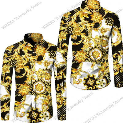 Csúcskategóriás luxus arany mintás 3D nyomtatott rövid/teljes ujjú gombos férfi ingek Utcai stílusú Divatos felsők Hip Hop ruhák