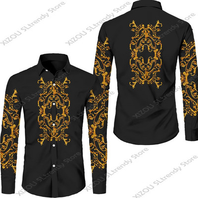 Csúcskategóriás luxus arany mintás 3D nyomtatott rövid/teljes ujjú gombos férfi ingek Utcai stílusú Divatos felsők Hip Hop ruhák