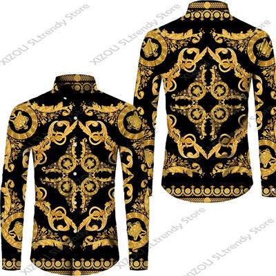 Csúcskategóriás luxus arany mintás 3D nyomtatott rövid/teljes ujjú gombos férfi ingek Utcai stílusú Divatos felsők Hip Hop ruhák