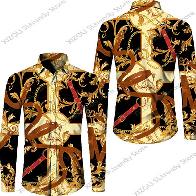 Csúcskategóriás luxus arany mintás 3D nyomtatott rövid/teljes ujjú gombos férfi ingek Utcai stílusú Divatos felsők Hip Hop ruhák