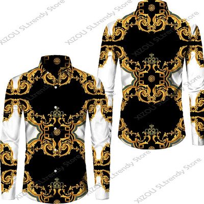 Csúcskategóriás luxus arany mintás 3D nyomtatott rövid/teljes ujjú gombos férfi ingek Utcai stílusú Divatos felsők Hip Hop ruhák