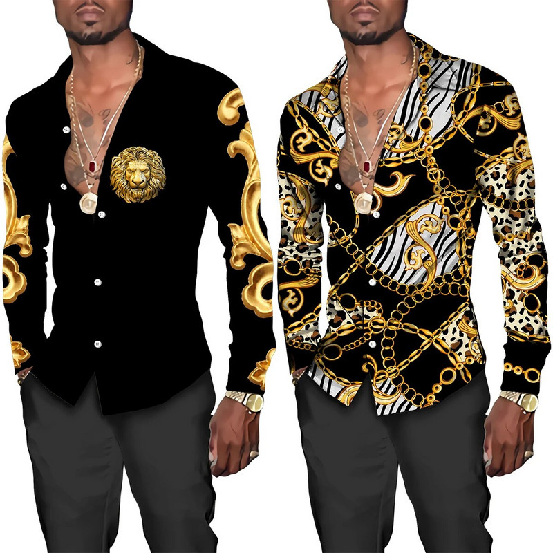 Csúcskategóriás luxus arany mintás 3D nyomtatott rövid/teljes ujjú gombos férfi ingek Utcai stílusú Divatos felsők Hip Hop ruhák