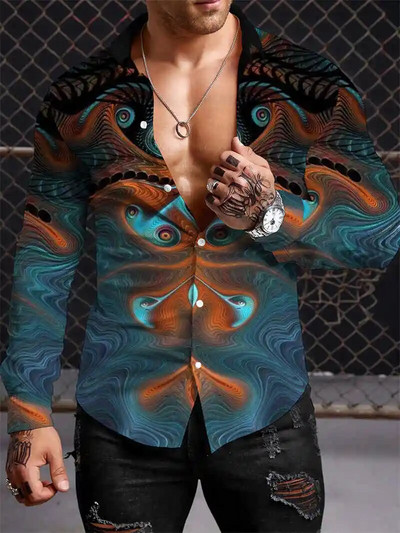 Μποέμικο ανδρικό πουκάμισο Y2K 2023 Πουκάμισα με 3D εκτύπωση μοτίβο casual μακρυμάνικο πουκάμισο με μπλουζάκια