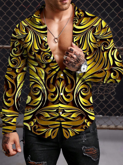 Μποέμικο ανδρικό πουκάμισο Y2K 2023 Πουκάμισα με 3D εκτύπωση μοτίβο casual μακρυμάνικο πουκάμισο με μπλουζάκια