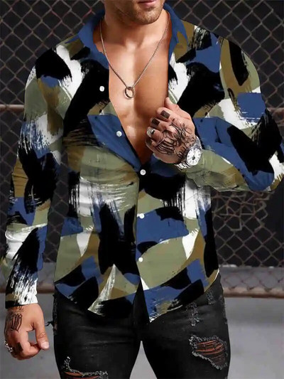 Μποέμικο ανδρικό πουκάμισο Y2K 2023 Πουκάμισα με 3D εκτύπωση μοτίβο casual μακρυμάνικο πουκάμισο με μπλουζάκια