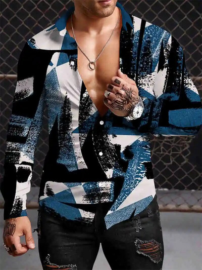 Μποέμικο ανδρικό πουκάμισο Y2K 2023 Πουκάμισα με 3D εκτύπωση μοτίβο casual μακρυμάνικο πουκάμισο με μπλουζάκια