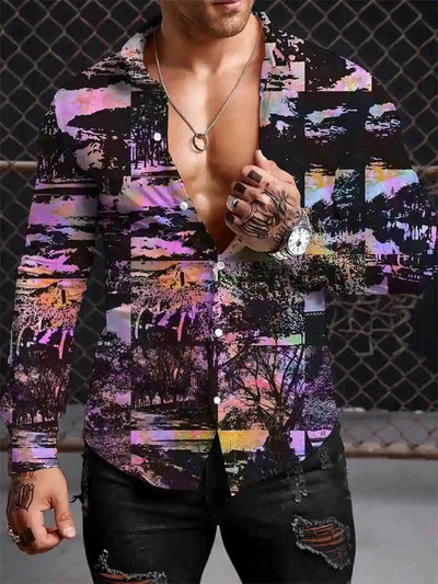 Μποέμικο ανδρικό πουκάμισο Y2K 2023 Πουκάμισα με 3D εκτύπωση μοτίβο casual μακρυμάνικο πουκάμισο με μπλουζάκια