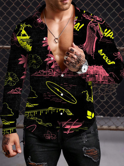 Μποέμικο ανδρικό πουκάμισο Y2K 2023 Πουκάμισα με 3D εκτύπωση μοτίβο casual μακρυμάνικο πουκάμισο με μπλουζάκια
