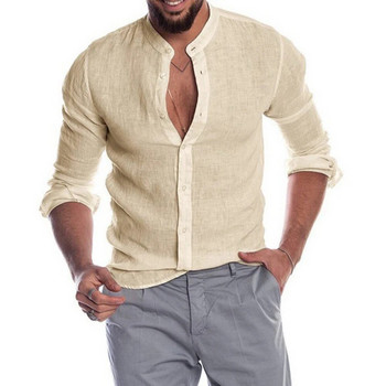 Памучно бельо, горещи разпродажби, мъжки ризи с дълги ръкави, летни едноцветни, стояща яка, ежедневен плажен стил, плюс размер