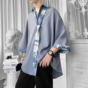 EOENKKY/Half Sleeve Мъжки едноцветни ризи Летни ежедневни големи блузи Тъмнозелена модна мъжка жилетка Ретро корейско облекло