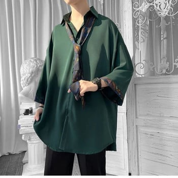 EOENKKY/Ανδρικά μονόχρωμα πουκάμισα με μισό μανίκι Καλοκαιρινές casual μπλούζες υπερμεγέθης σκούρα πράσινη ανδρική ζακέτα Vintage κορεάτικα ρούχα