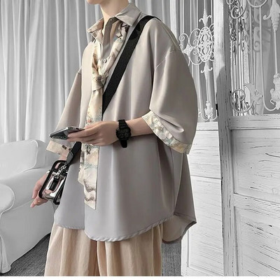 EOENKKY/Ανδρικά μονόχρωμα πουκάμισα με μισό μανίκι Καλοκαιρινές casual μπλούζες υπερμεγέθης σκούρα πράσινη ανδρική ζακέτα Vintage κορεάτικα ρούχα