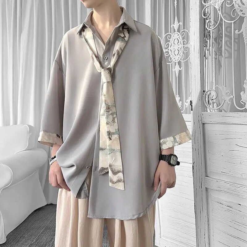 EOENKKY/Ανδρικά μονόχρωμα πουκάμισα με μισό μανίκι Καλοκαιρινές casual μπλούζες υπερμεγέθης σκούρα πράσινη ανδρική ζακέτα Vintage κορεάτικα ρούχα