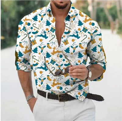 2023 Коледно облекло за мъже, ризи, горнища с дълъг ръкав, модно празнично облекло с 3d принт, извънгабаритни ежедневни мъжки коледни ризи