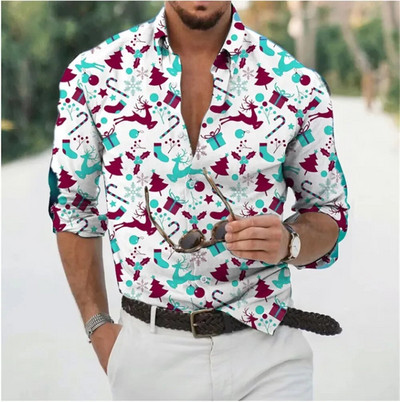 2023 Коледно облекло за мъже, ризи, горнища с дълъг ръкав, модно празнично облекло с 3d принт, извънгабаритни ежедневни мъжки коледни ризи