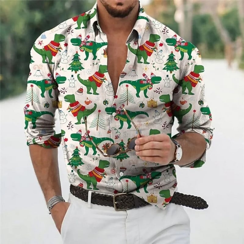 2023 Коледно облекло за мъже, ризи, горнища с дълъг ръкав, модно празнично облекло с 3d принт, извънгабаритни ежедневни мъжки коледни ризи