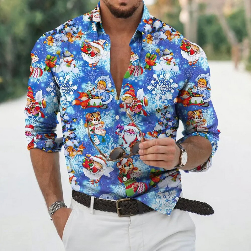 2023 Коледно облекло за мъже, ризи, горнища с дълъг ръкав, модно празнично облекло с 3d принт, извънгабаритни ежедневни мъжки коледни ризи