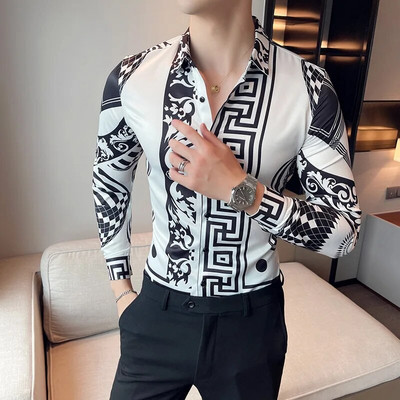 23Χρώμα 6XL Luxurious Man Vintage εμπριμέ κοινωνικά πουκάμισα Ανδρικά πουκάμισα με μακρυμάνικο φόρεμα άσπρη εφαρμογή Μόδα Casual Chemise Homme