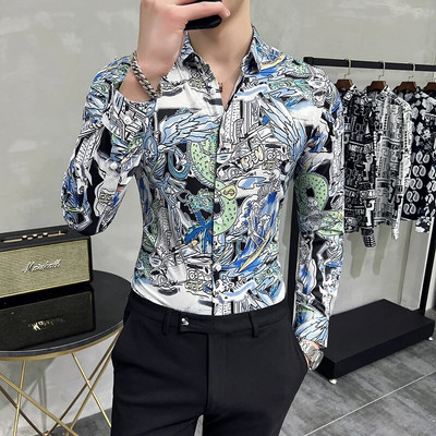 23Χρώμα 6XL Luxurious Man Vintage εμπριμέ κοινωνικά πουκάμισα Ανδρικά πουκάμισα με μακρυμάνικο φόρεμα άσπρη εφαρμογή Μόδα Casual Chemise Homme