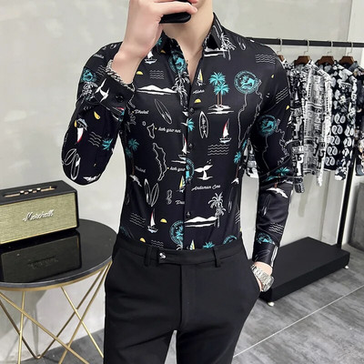 23Χρώμα 6XL Luxurious Man Vintage εμπριμέ κοινωνικά πουκάμισα Ανδρικά πουκάμισα με μακρυμάνικο φόρεμα άσπρη εφαρμογή Μόδα Casual Chemise Homme