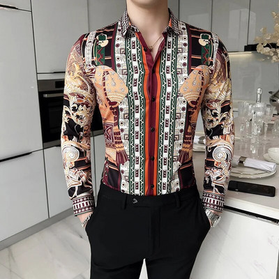 23Χρώμα 6XL Luxurious Man Vintage εμπριμέ κοινωνικά πουκάμισα Ανδρικά πουκάμισα με μακρυμάνικο φόρεμα άσπρη εφαρμογή Μόδα Casual Chemise Homme