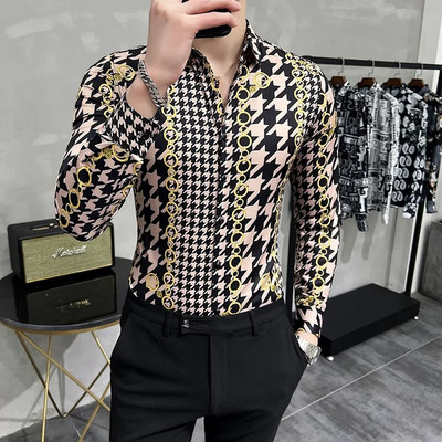 23Χρώμα 6XL Luxurious Man Vintage εμπριμέ κοινωνικά πουκάμισα Ανδρικά πουκάμισα με μακρυμάνικο φόρεμα άσπρη εφαρμογή Μόδα Casual Chemise Homme