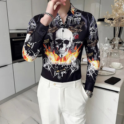 23Χρώμα 6XL Luxurious Man Vintage εμπριμέ κοινωνικά πουκάμισα Ανδρικά πουκάμισα με μακρυμάνικο φόρεμα άσπρη εφαρμογή Μόδα Casual Chemise Homme