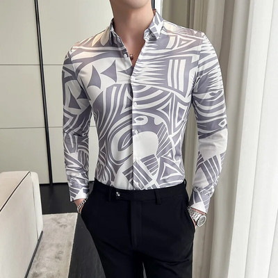 23Χρώμα 6XL Luxurious Man Vintage εμπριμέ κοινωνικά πουκάμισα Ανδρικά πουκάμισα με μακρυμάνικο φόρεμα άσπρη εφαρμογή Μόδα Casual Chemise Homme